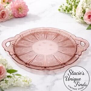 1930’s Pink Depression Glass Cake Plate Cherry Blossom Jeannette Glass Company